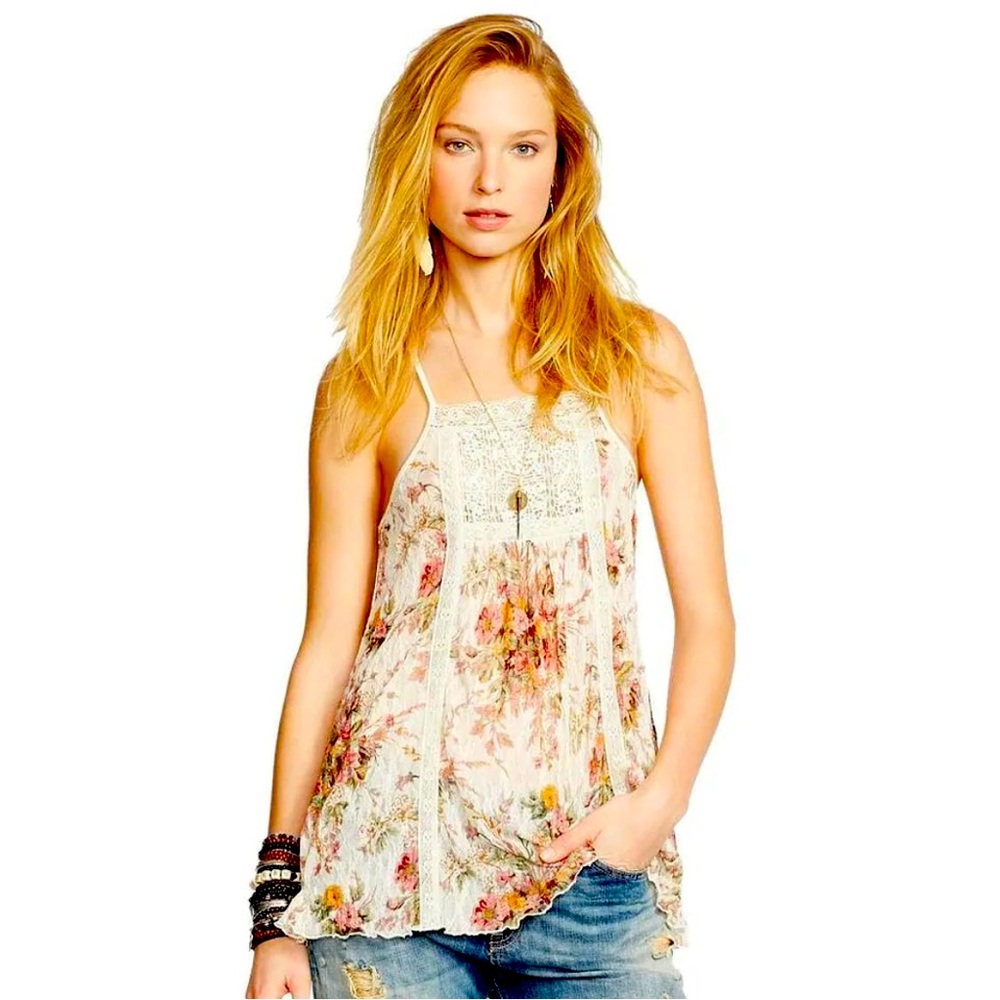 RALPH LAUREN DENIM SUPPLY Cream Floral Lace Crochet Trim Tank Top